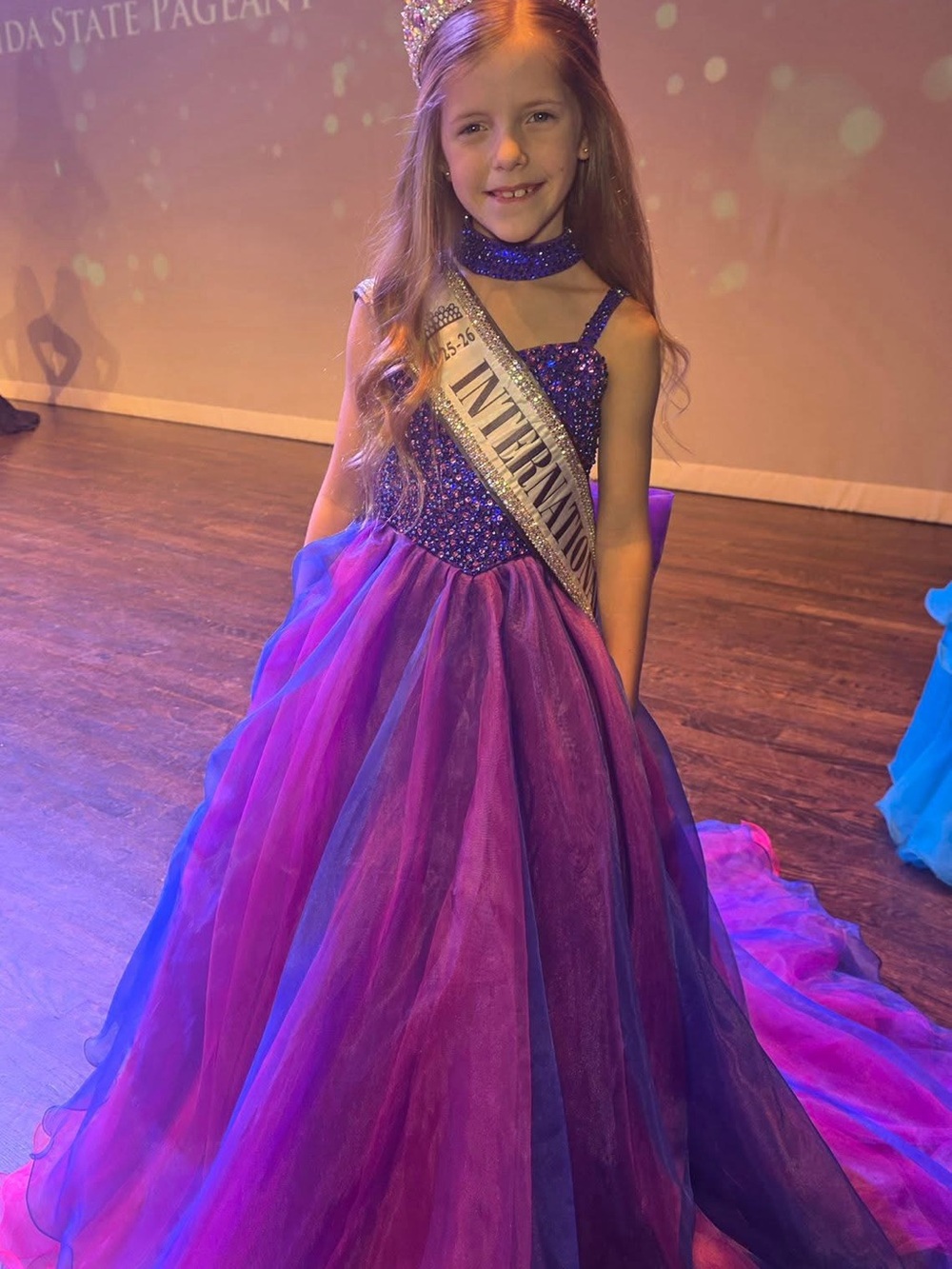 Girls' Formal Purple-Pink Tulle Pageant Dress with Beaded Bodice